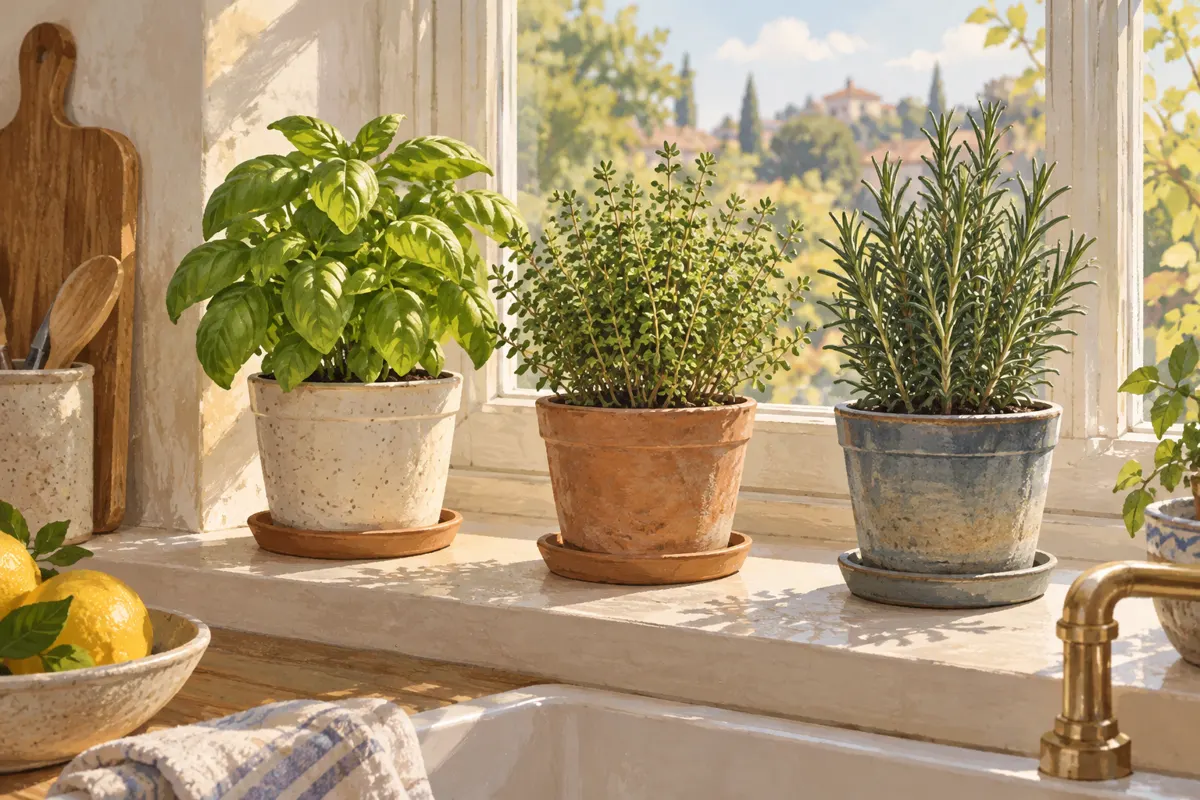 Illustration of three kitchen herbs in separate pots on saucers along a narrow sunny windowsill.