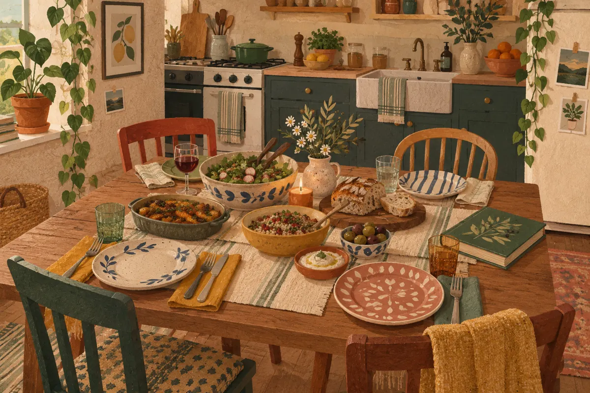 Illustration of a cookbook club meal arranged on a table beside a small apartment kitchen.