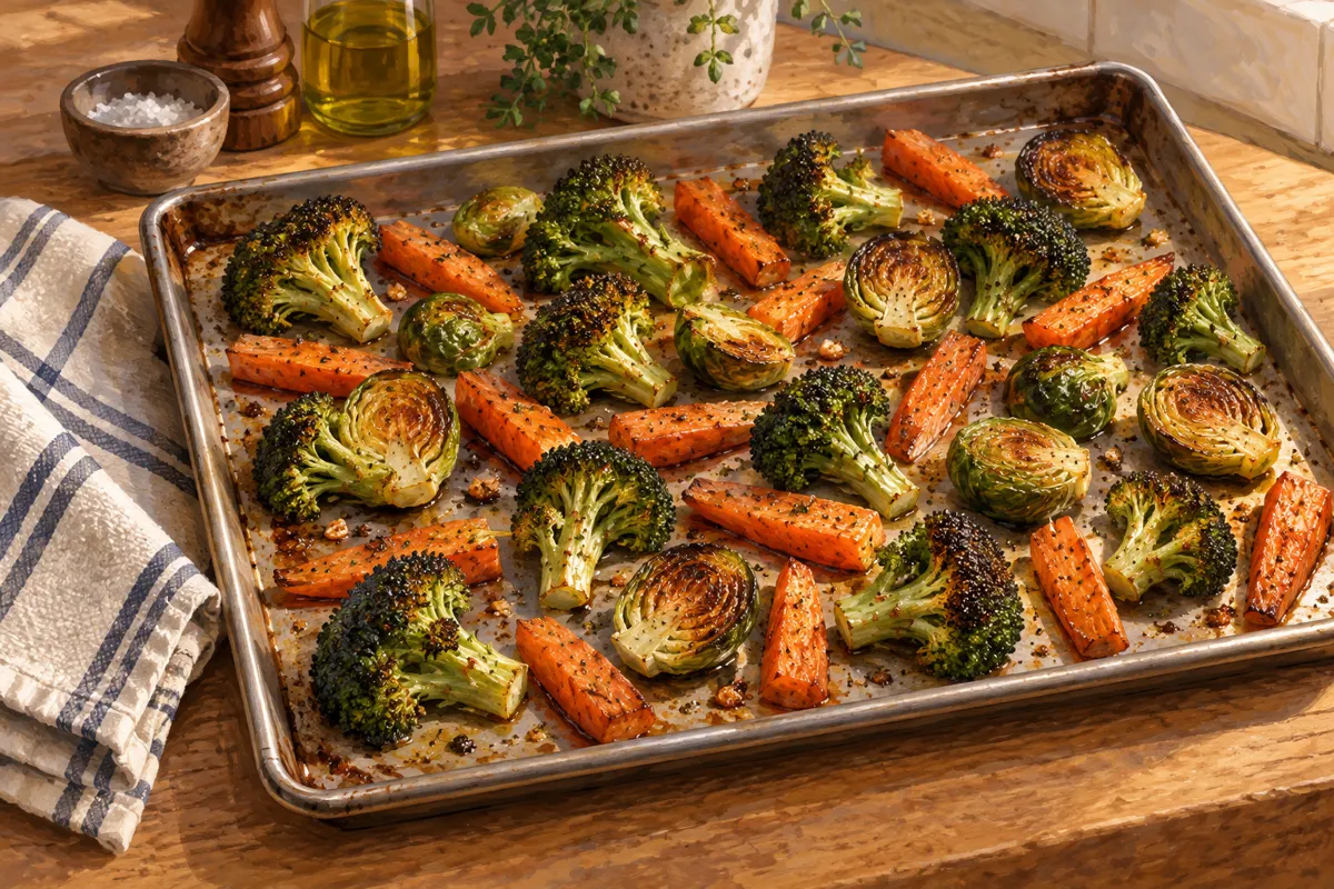 Illustrated baking sheet with evenly spaced vegetables and golden roasted edges.