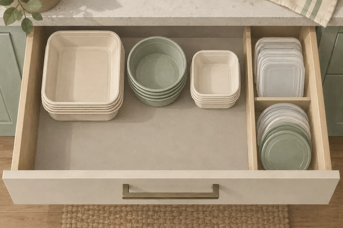 Illustration of nested takeout containers and grouped lids arranged in one kitchen drawer.