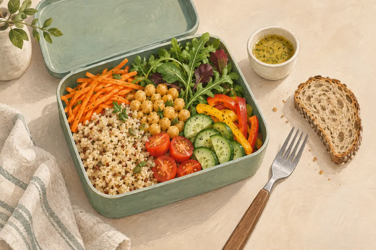 Illustrated cold grain lunch with vegetables, chickpeas and dressing packed separately.