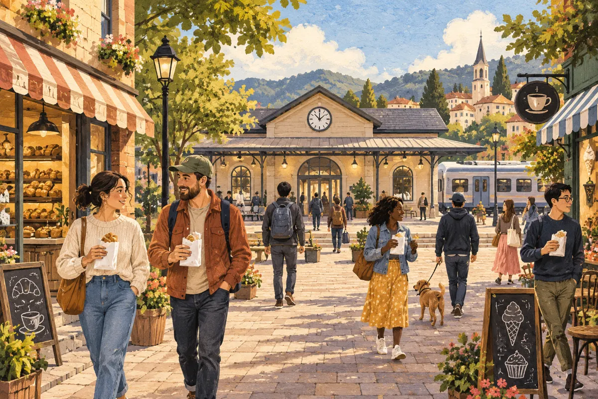 Illustration of travelers walking between a train station and food stops in a compact town center.