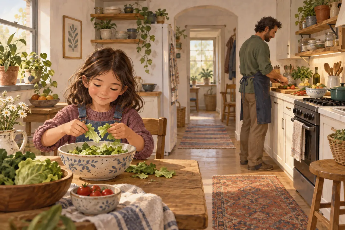 Illustration of a child tearing lettuce at a seated workspace while an adult prepares dinner in a small kitchen.