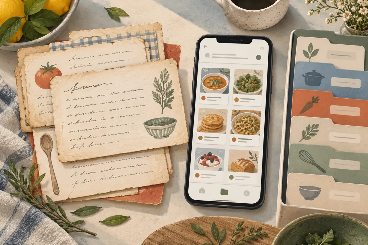 Illustration of recipe cards, a smartphone and a digital folder representing recipe digitization.